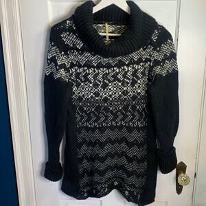 Free People Cowl Turtleneck Wool Sweater Knit Fair Isle Black White W-232 Sz M